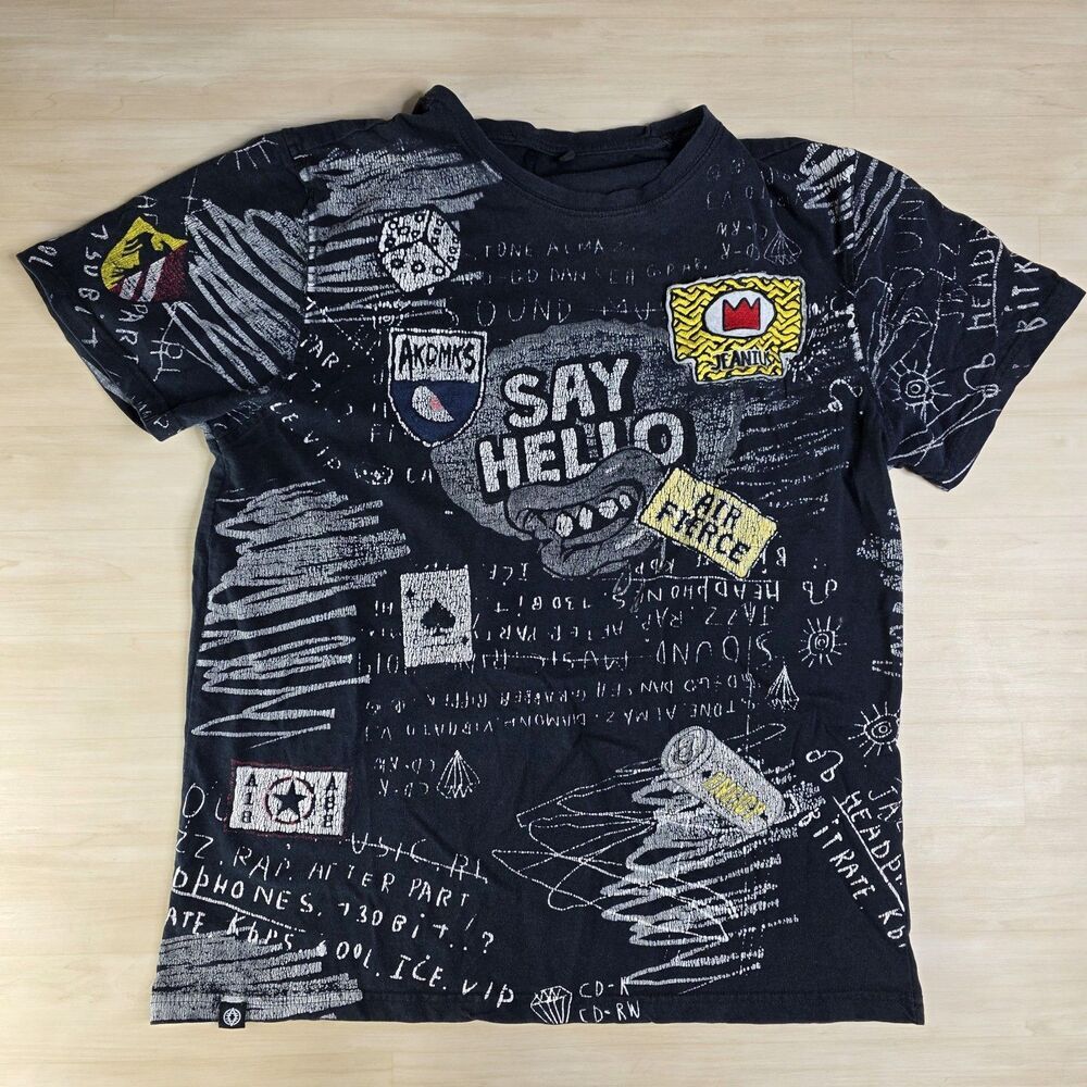 Y2K Akademiks Jeanius Say Hello Graffiti Graphic Streetwear Shirt Size Large